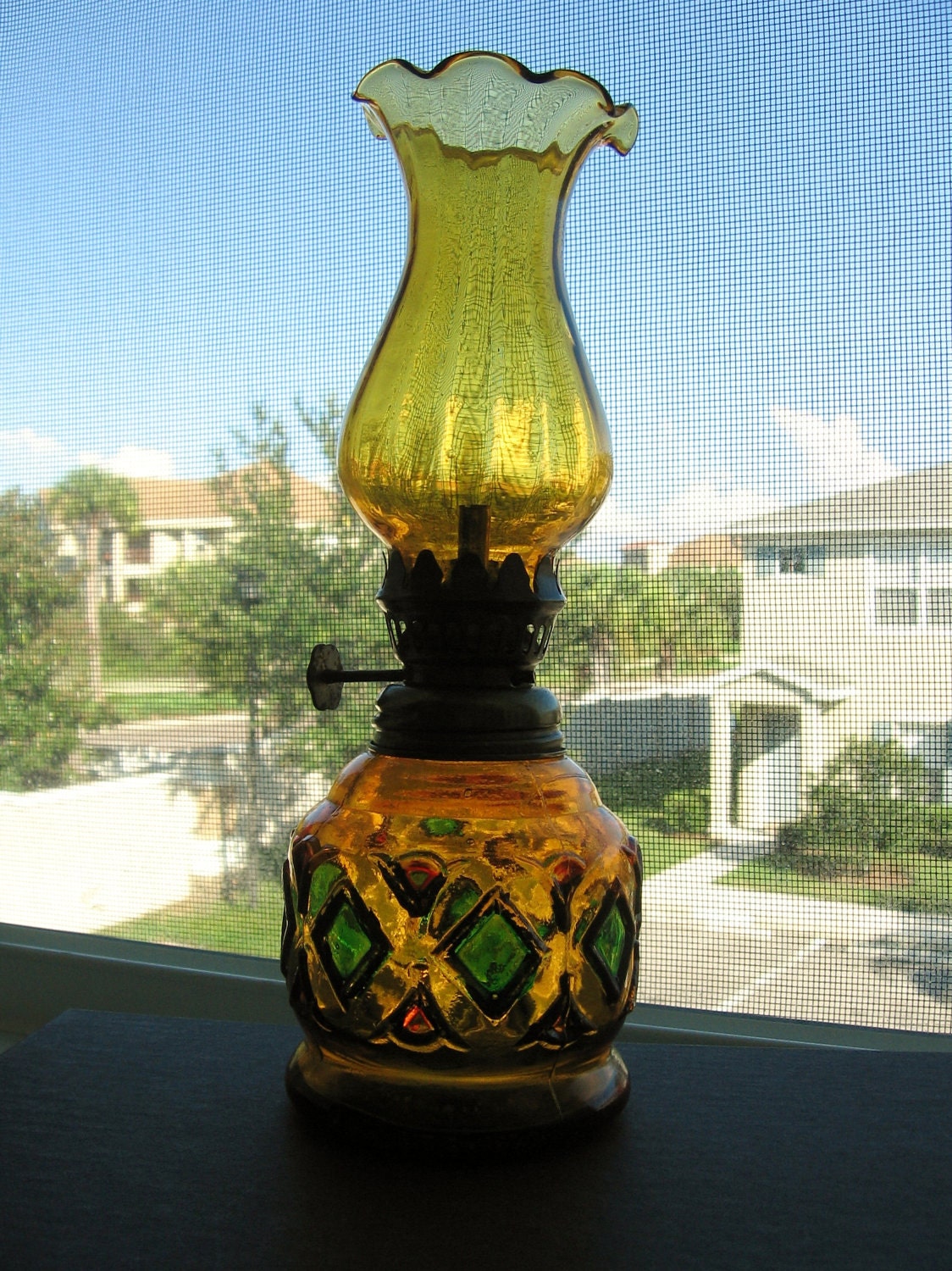 Vintage Sailboat Brand Amber Glass Oil Lamp by FusionaryVintage
