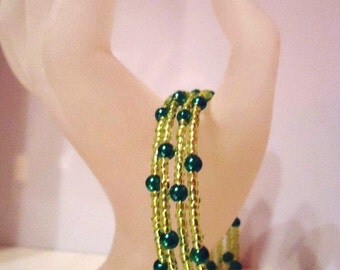 Lime Green Glass Seed Bead Expandable Fashion Memory Cuff Mini Emerald Green Plastic Pearl Bead Bracelet by JulieDeeleyJewellery