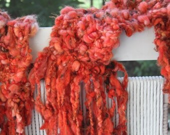 Hand Knit Bulky Scarf, named Cinnamon Girl by Neil Young, Natural Colors, Brown, Red, Multi Super Soft Handspun Wool Yarn and Curls