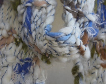 Hand Knit Off White Scarf with shades of Blue, in all Natural Super Soft Handspun Bulky Wool Yarn