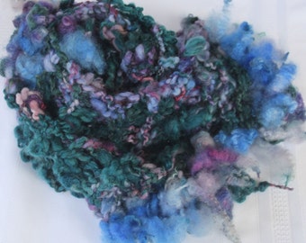 SALE Bulky Hand Knit Scarf, in natural shades of blue, green, purple and more, with raw locks, Soft Handspun Hand Dyed Wool Yarn