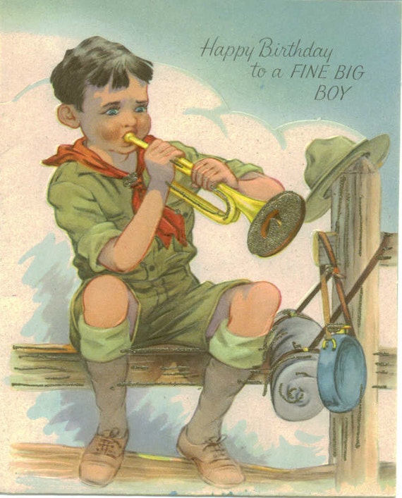 Vintage Birthday Greeting Card Boy Scout with Bugle and