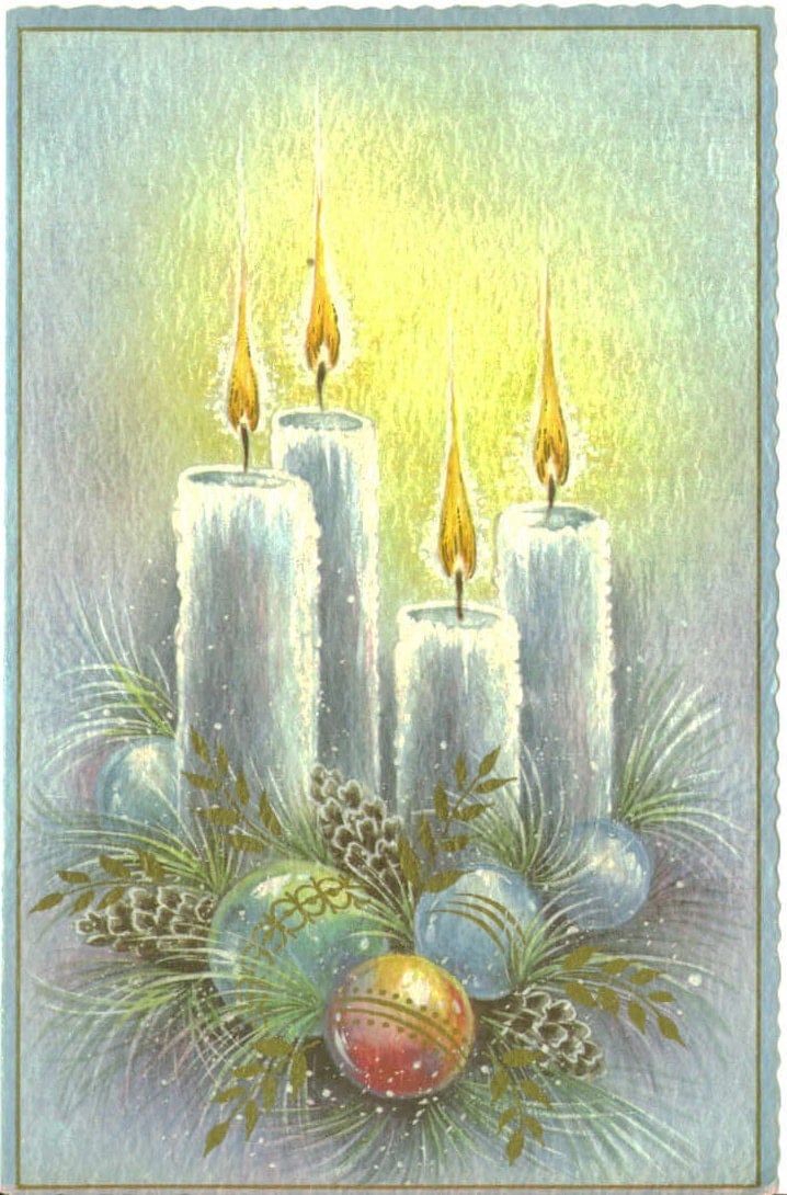 Vintage Christmas Card UNUSED Ornaments and Glowing Candles