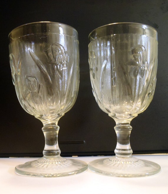 Depression Glass Clear IRIS and Herringbone Water Goblets