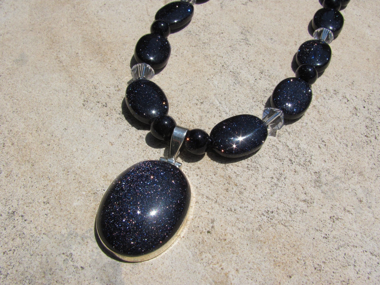 Sun Sitara Necklace Glitter Navy Blue Gold Stone Sterling
