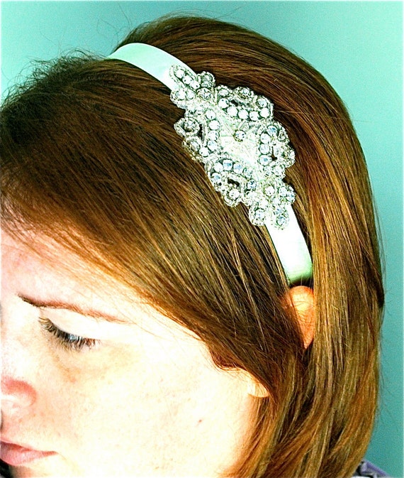 Navy Blue and Rhinestone Ribbon Headband