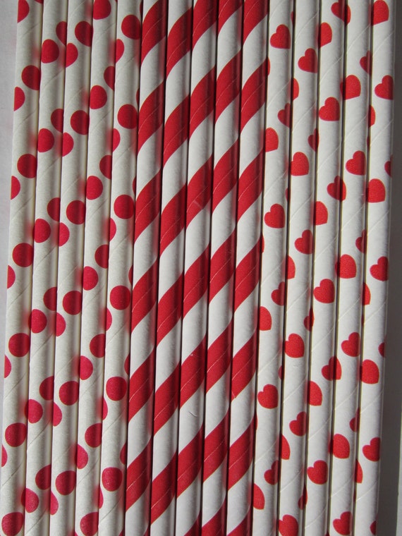 50 Red Stripe Polka Dot Heart Retro Vintage Red Paper Straws Il_570xn