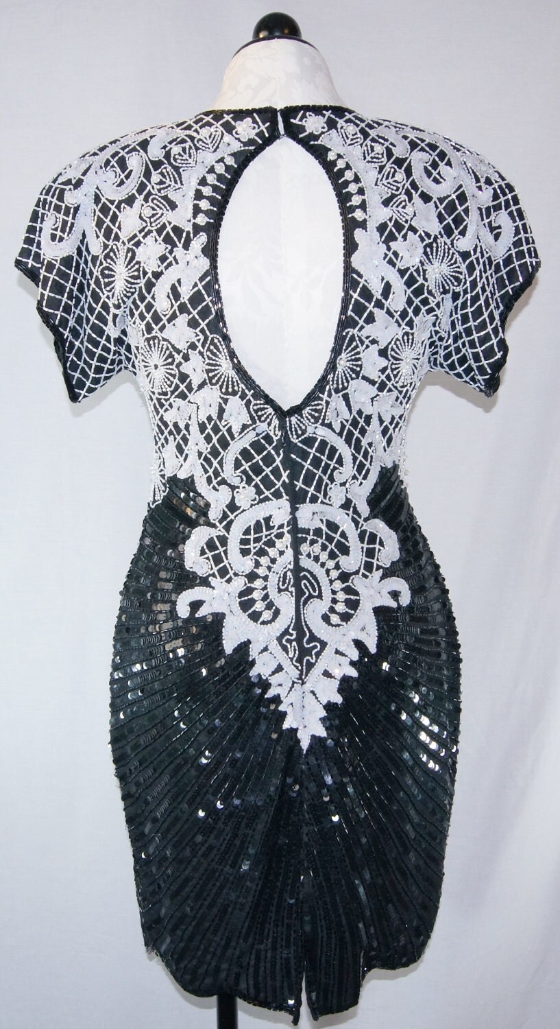 vintage STUDIO 54 DRESS beaded sequins pearls black white 80s