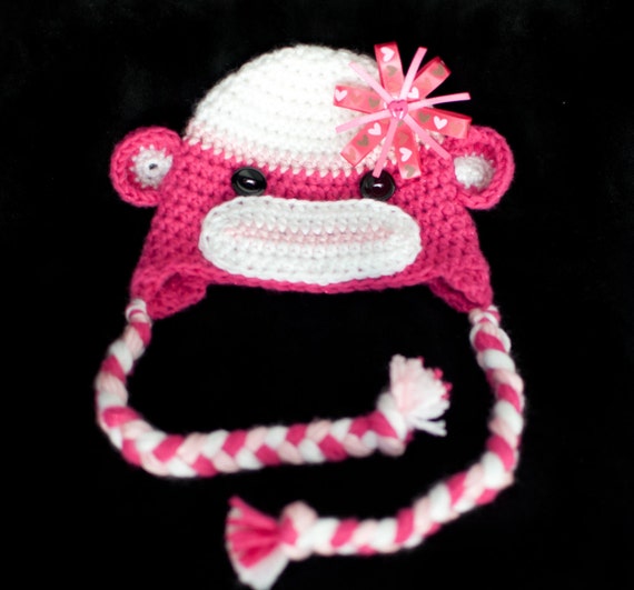 Pink Sock Monkey Baby Hat Valentine's Day Baby Hat