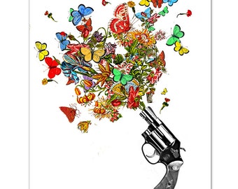 Vintage REVOLVER , Butterflies and Flowers- ART Print 8" x 10"