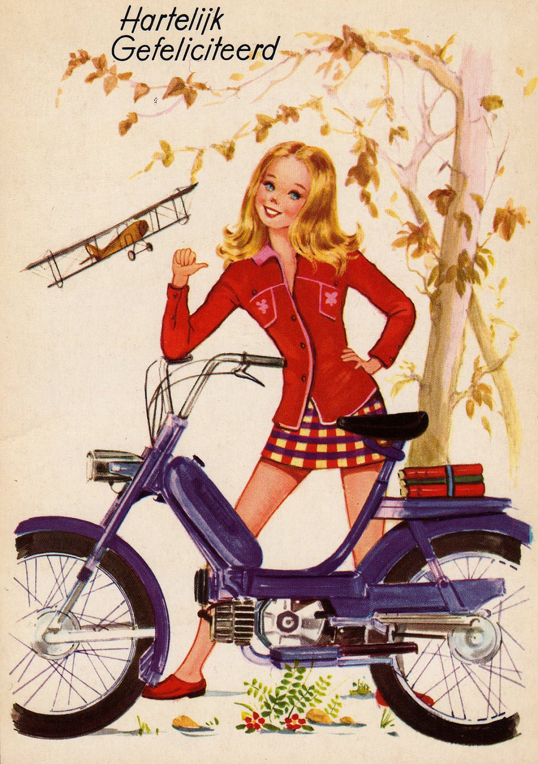 Vintage 70s card. Mod girl and her moped.1056 x 1500