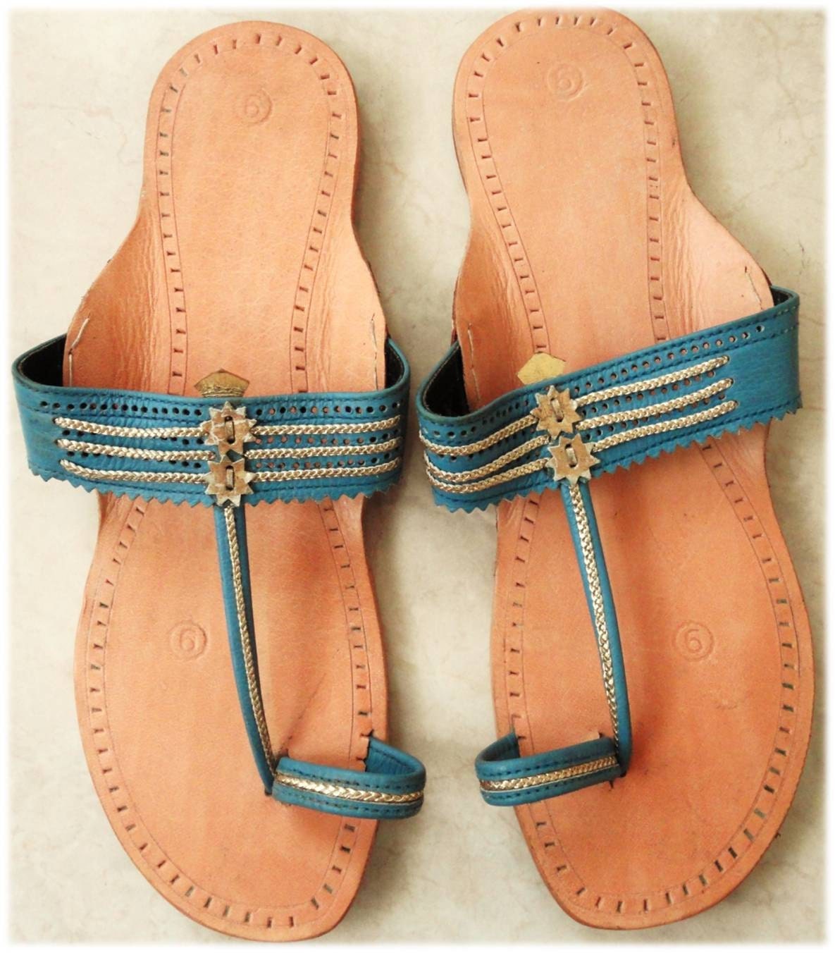 Kolhapuri Chappals Handmade Indian Sandals in Teal Blue Size 7