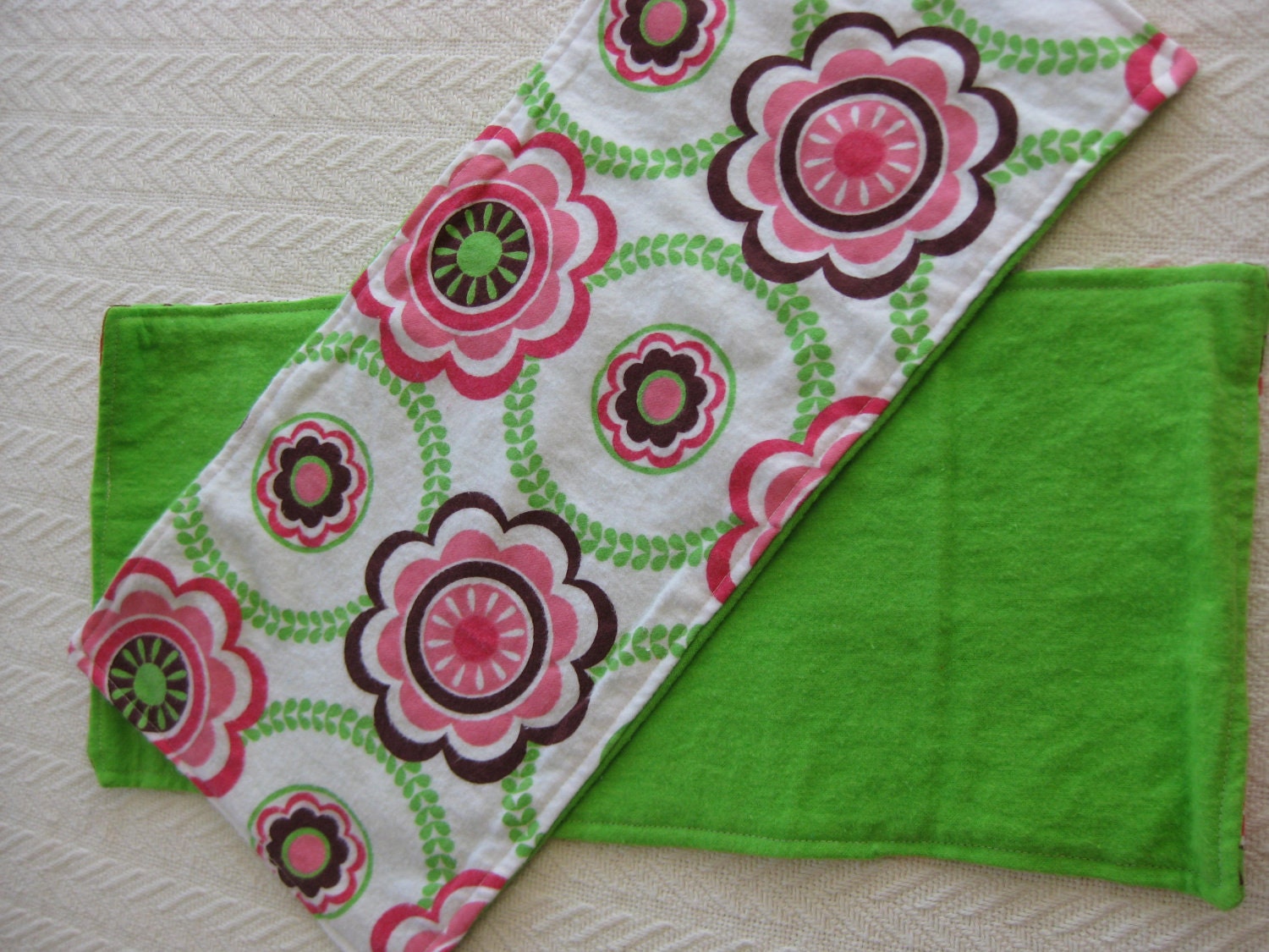 Two Flannel Burp Cloths Pink and Green Floral with Green Back
