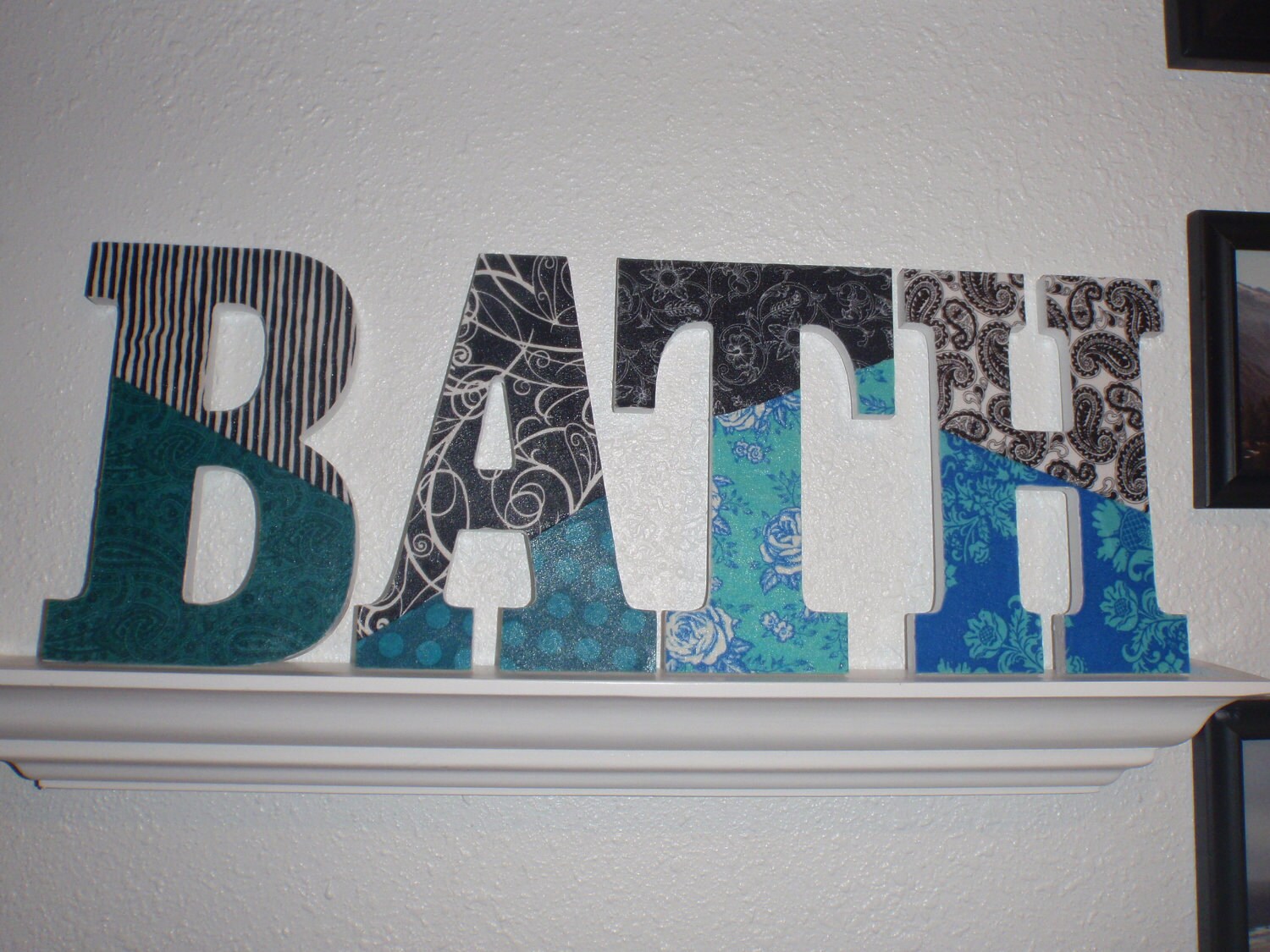 8inch Bath Letters set. Black white teal and