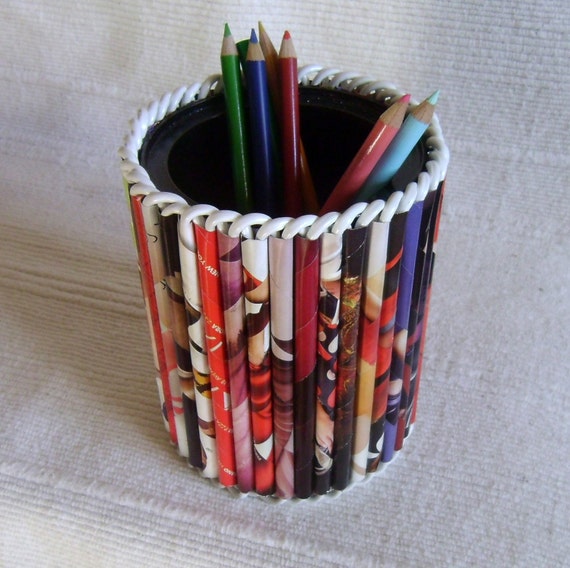 Large Pencil Holder Recycled Magazine Reed Organizer by ecopots