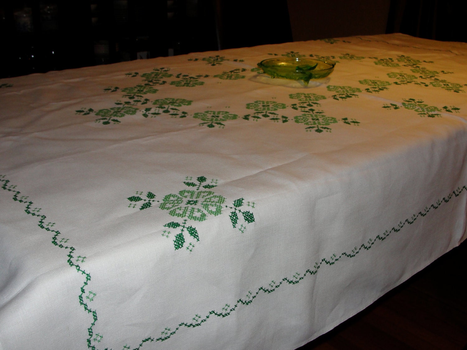 Beautiful Irish Linen Tablecloth with Green Clover Embroidery