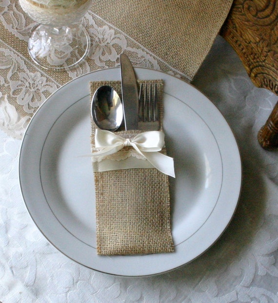 Items similar to Burlap silverware holders, Wedding table decor on Etsy