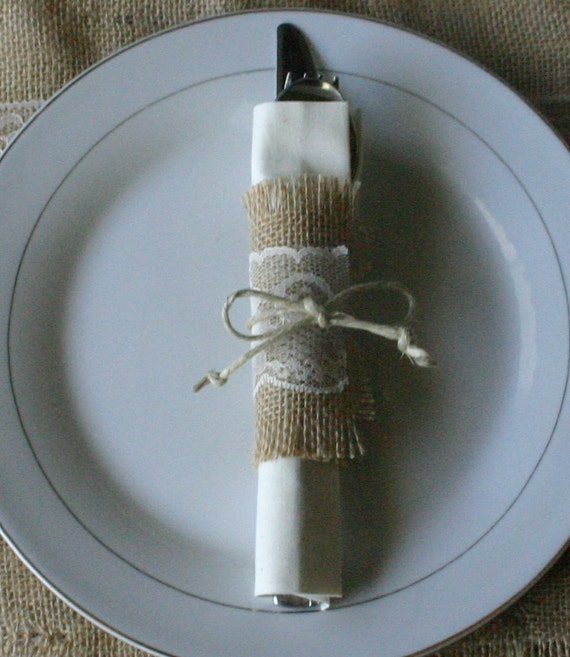 Items similar to Burlap and lace silverware wrap for wedding and