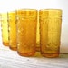 Vintage patterned glass / honey color / retro / modern / kitchen / serving / summer party / golden yellow glass / set of seven