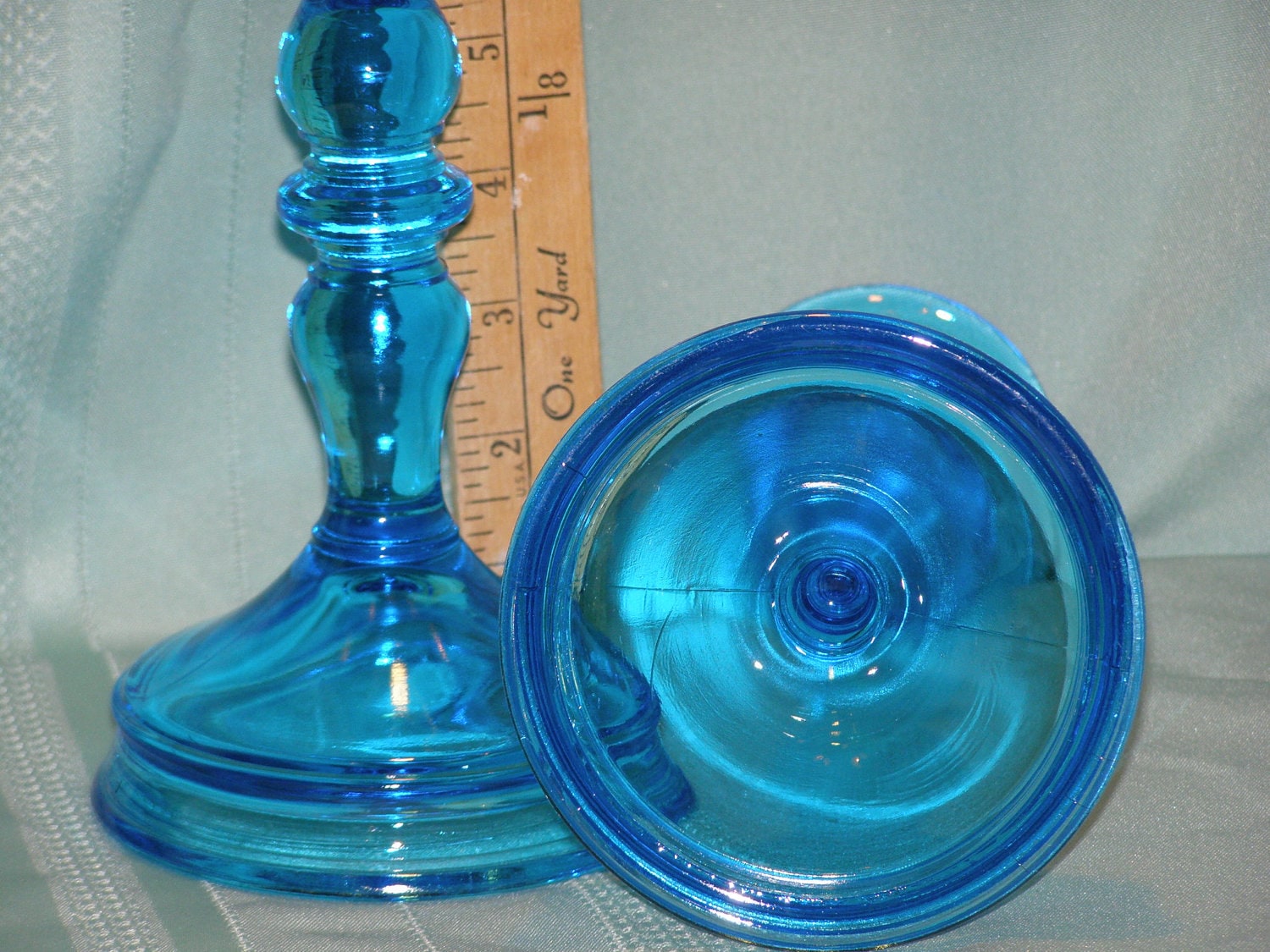 Tiffin Glass Candlesticks in light blue glass Vintage HTF