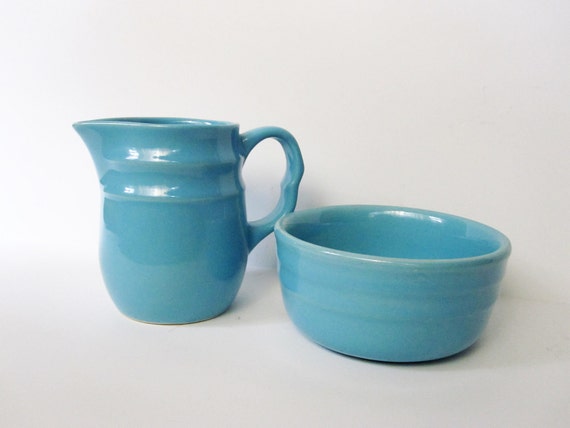 Oxford Stoneware Pitcher and Bowl Aqua Blue Vintage Set