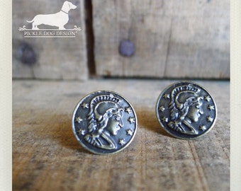 CLEARANCE! Coin Toss. Post Earrings -- (Antiqued Metal, Small, Simple, Cute, Rustic, Vintage Style, Unisex Jewelry, Birthday Gift Under 5)