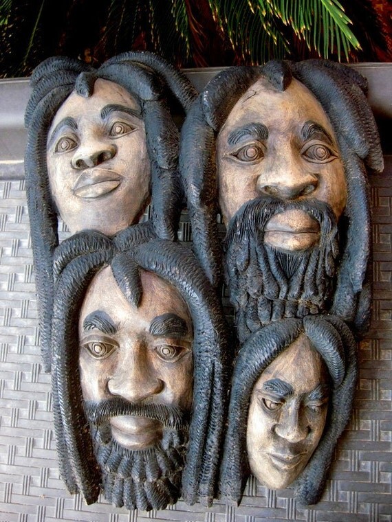 Vintage Hand Carved Wood Jamaican Faces Wall Art