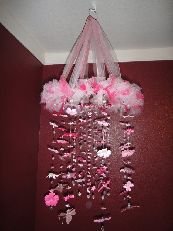 Pink Baby Crib Mobile with Silk Flowers and by BairBoutique