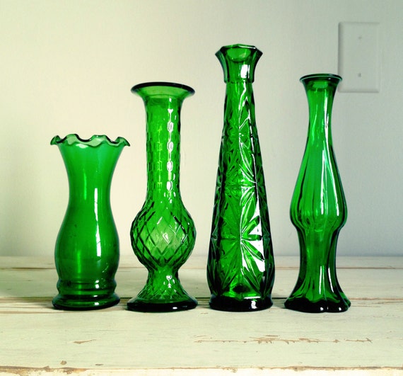 Vintage Vase Set Emerald Green Glass E.O. Brody Co. Avon
