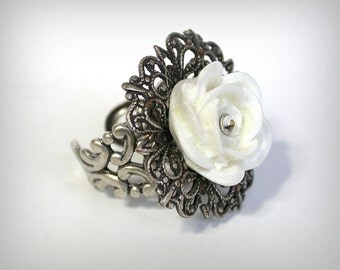 White Rose Silver Ring - Romantic Flower Ring - Statement Ring - Victorian Ring - White Rose Ring - Victorian Jewelry - Gift for Women