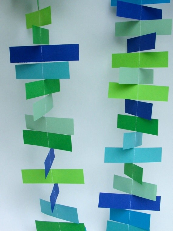 Twirling Sewn Paper Garland or Mobile Blues and Greens