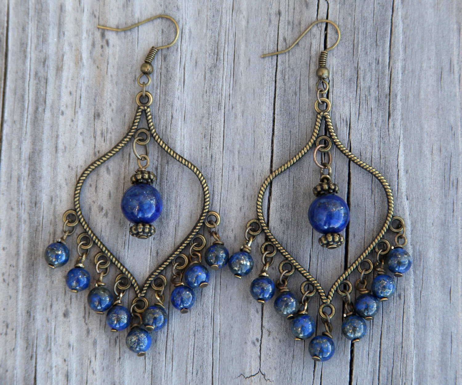 Handmade Chandelier Earrings with Lapis Lazuli and Antiqued