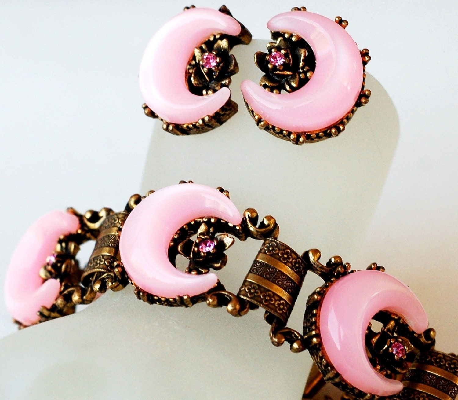 Pink Rhinestone Bracelet Earring Set