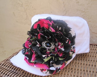 SALE....White Cadet Military Distressed Hat with A Black and Pink Variegated Chiffon Flower and Black and Silver Stone Accent
