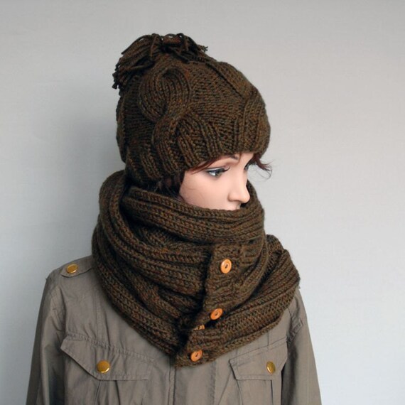 Items similar to Handmade bobble hat and scarf set for women. Warm