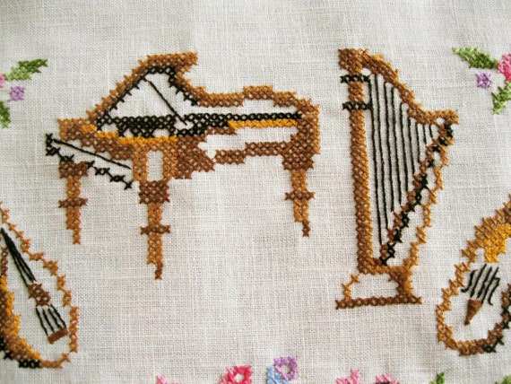 Items similar to Music Themed Cross Stitch Sampler / Piano, Harp, Cello