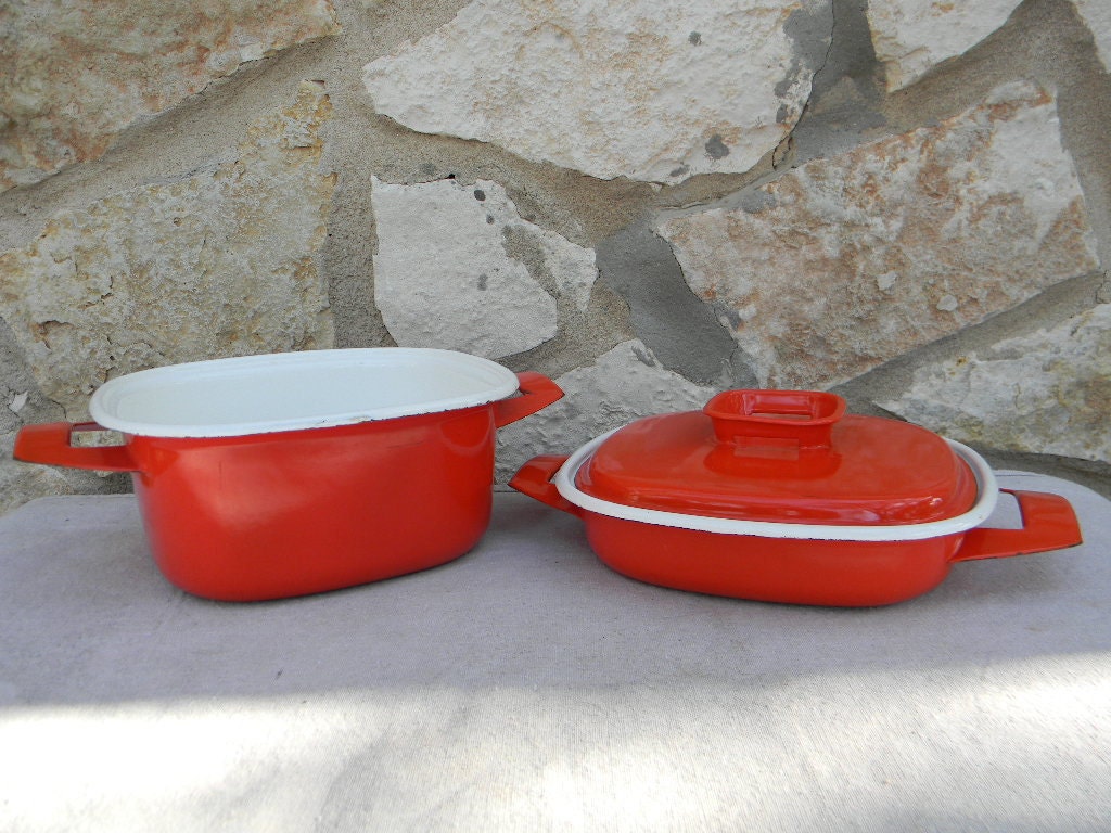 Vintage Mid Century Enamelware Kitchen Cookware Red White