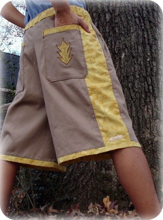 khaki shorts handmade yellow vintage accent hemp pockets one