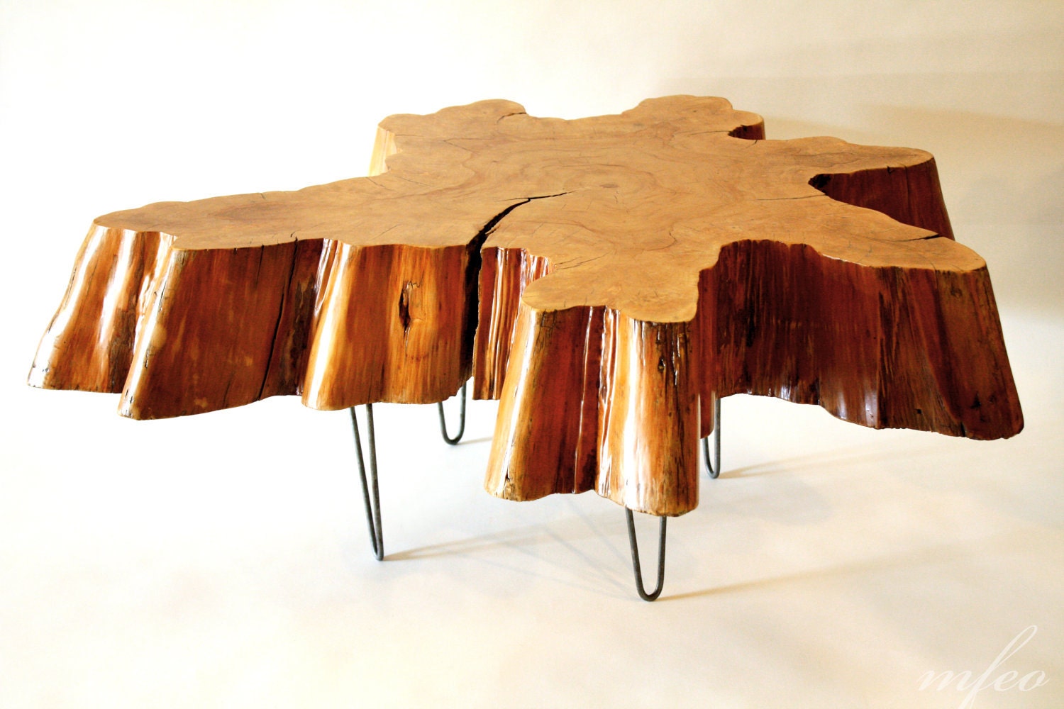 Reclaimed Tree Stump Coffee Table On Vintage Hairpin Legs