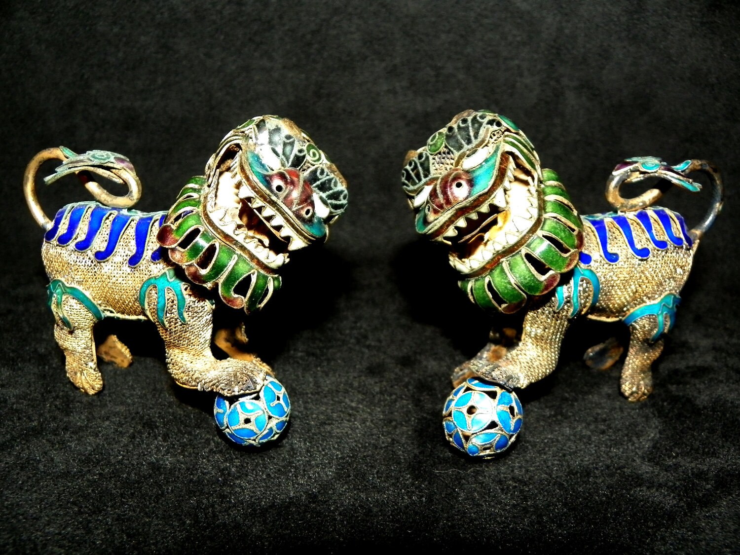 Foo Dogs Antique Chinese Cloisonne Gold Over Sterling Silver