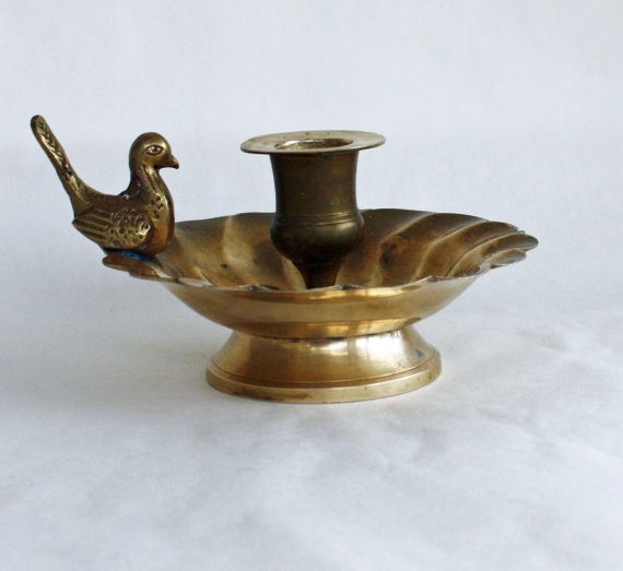 Brass CandleStick Holder Bird Bath With Bird Spring Decor