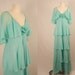 Vintage 1970s Party Prom Maxi Dress / Pastel Mint Chiffon Tiered Gown with Capelet