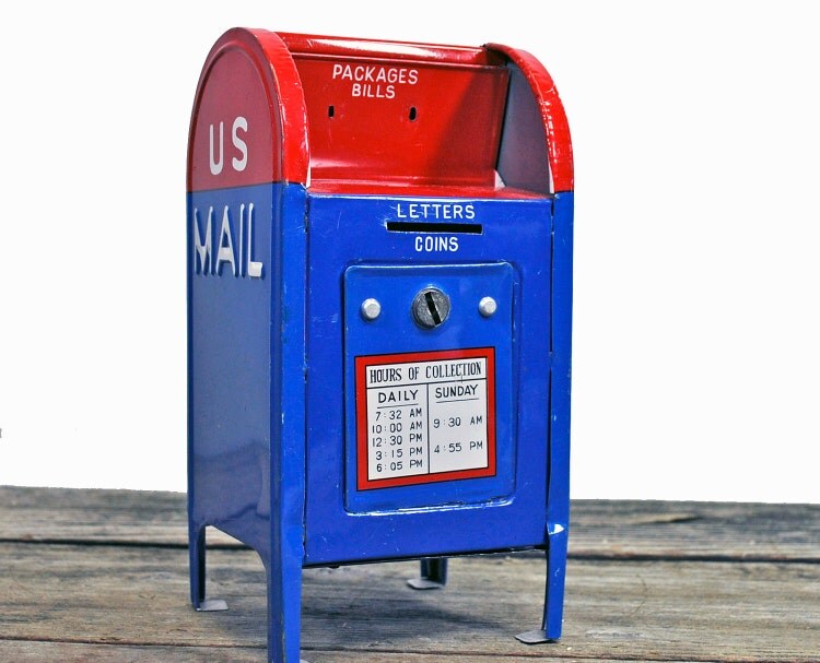Vintage U.S. MAIL Tin Mailbox Bank made in by upscaleyardsale