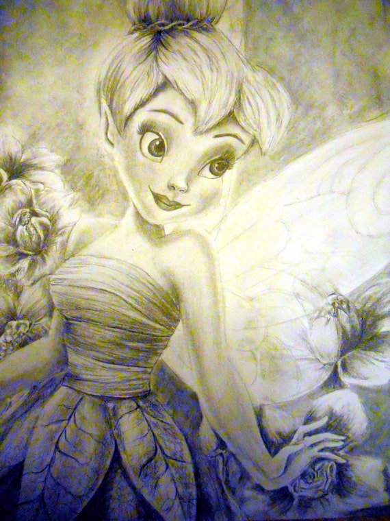 Drawing of Tinkerbell with Flowers in Pencil and Charcoal