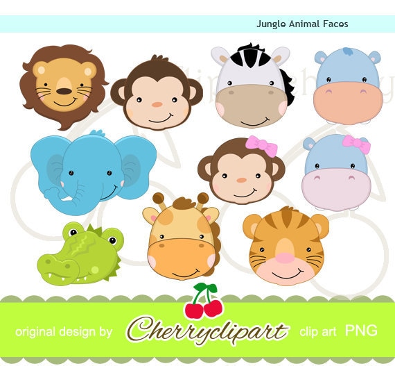 Cute Jungle Animal Faces digital clipart set for-paper
