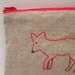 Hand embroidered linen fuschia pink Fox zipped gadget pouch / coin purse