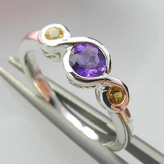 Amethyst and Citrine Silver Ring. Purple Amethyst and Orange