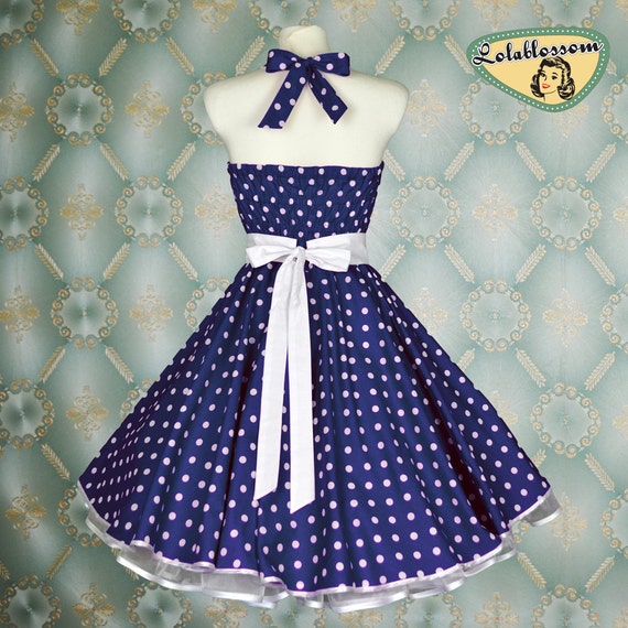 50's vintage dress full skirt blue white polka dots dress