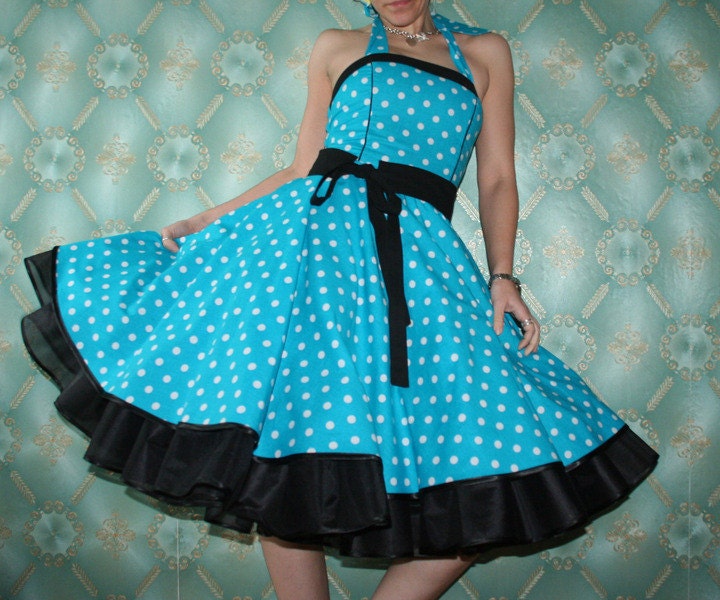 50's vintage dress full skirt turquoise black polka dots