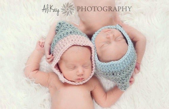 Items similar to SALE - Crochet Boy Girl Newborn Twin Pixie Hat Set ...